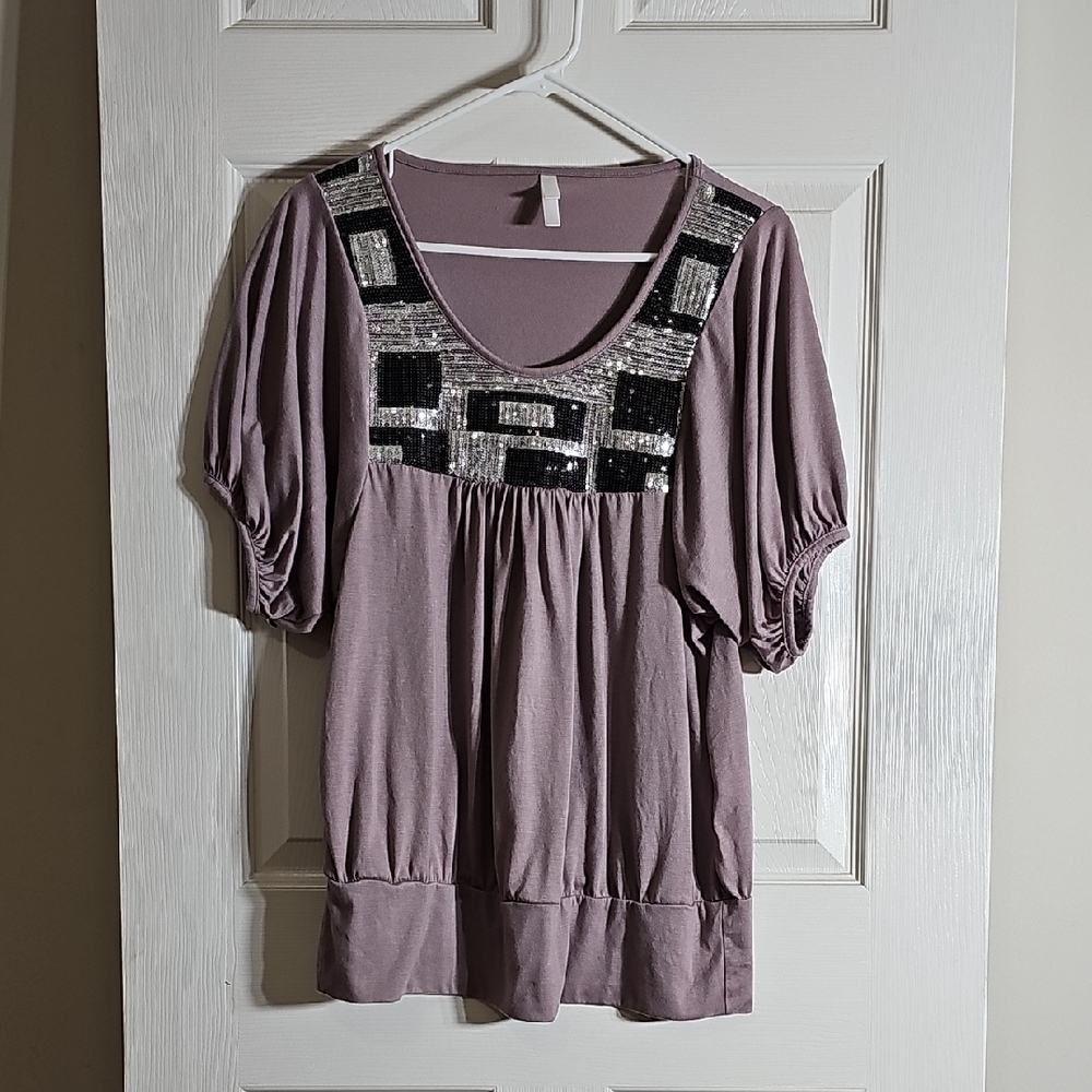 Silver And Black Sequin Casual Pullover Short Sleeve T- Shirt Purple Size L